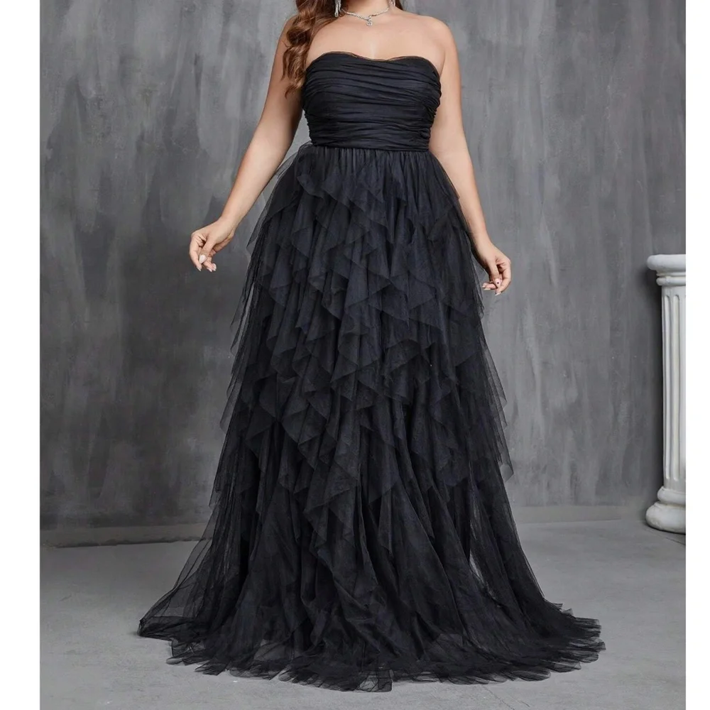 Plus Black Mesh Layered Party Wedding Formal Maxi Dress - Picture 2 of 6